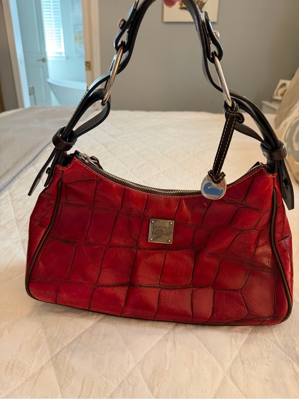 Dooney & Bourke Red Croc-Embossed Leather Shoulder Bag with Black Strap